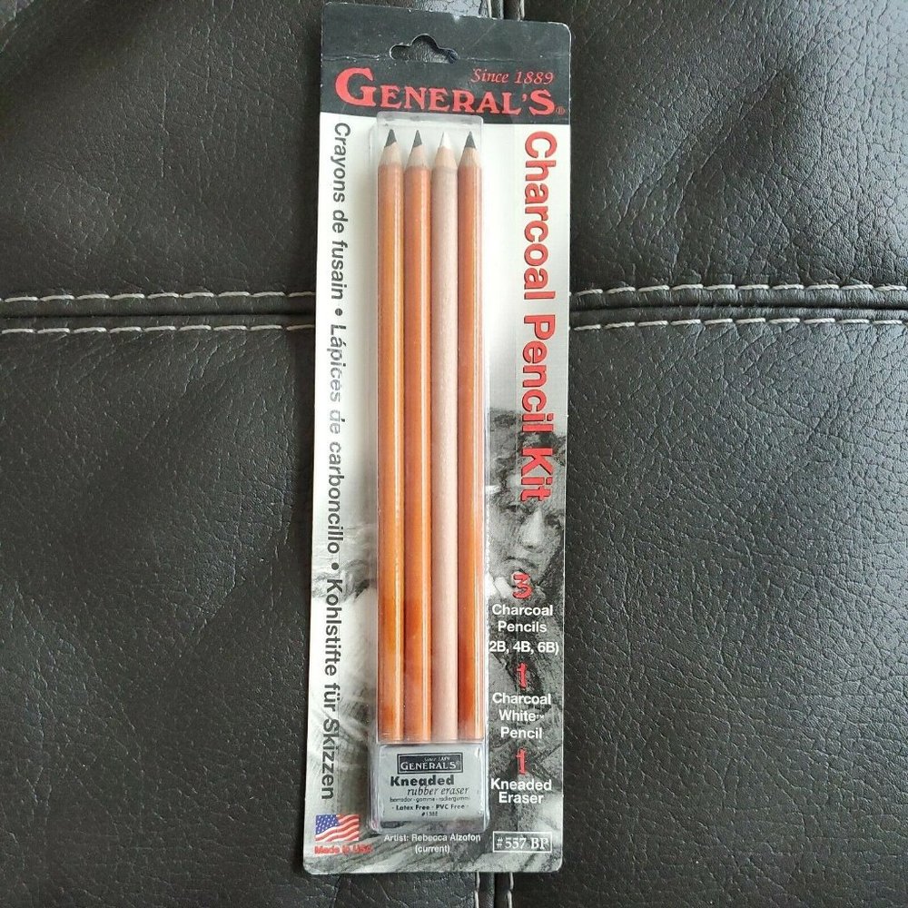 General's Charcoal Drawing Set White/Black Set of 4 Pencils and 1 Eraser NWT